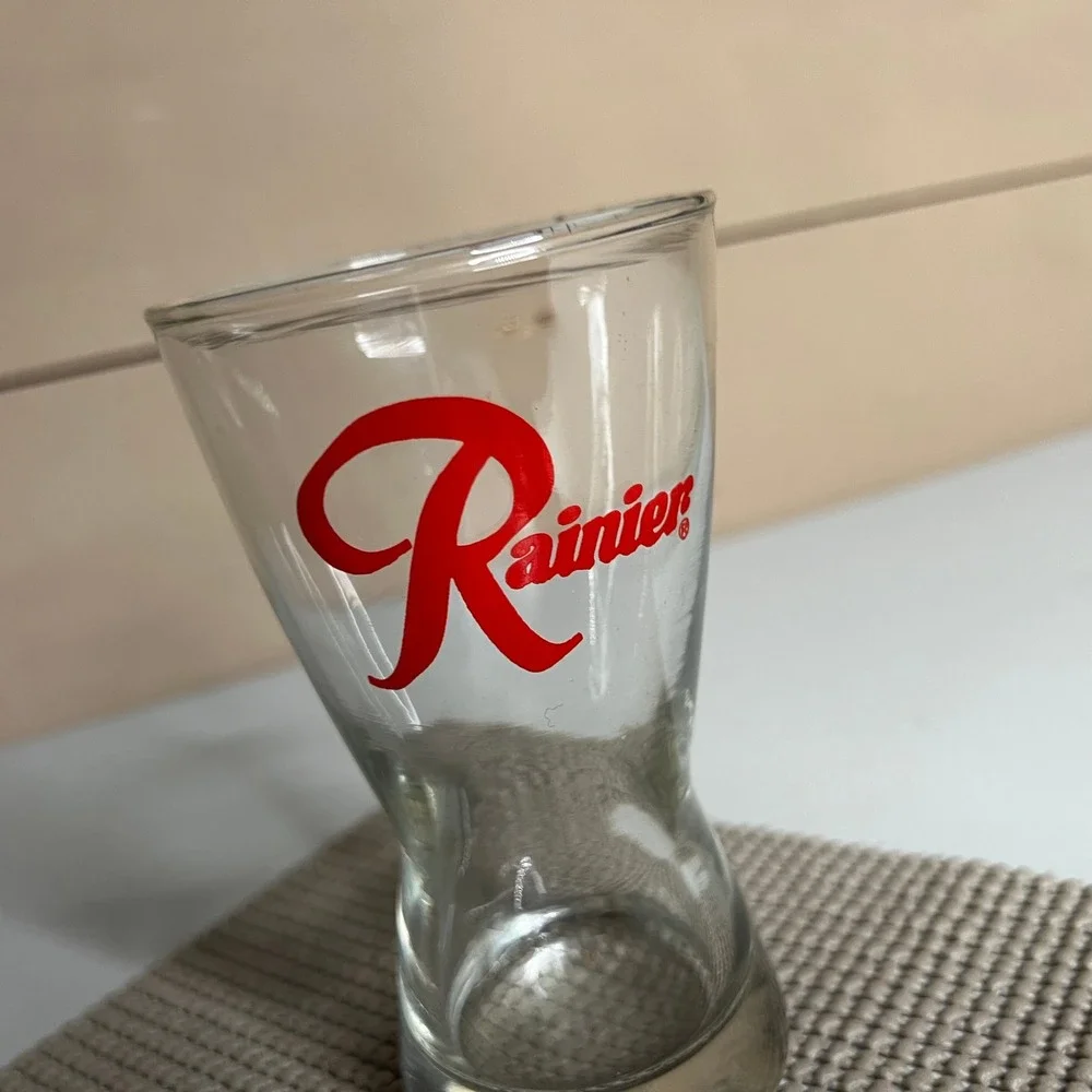 Rainier Beer Shot Glass Clear Red Script Logo Pilsner Style Barware Collectible